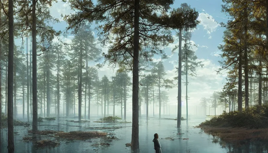 Image similar to portrait of a large lake surrounded by pine forest, highly detailed, sunny, blue sky, cinematic lighting, highly angle, godrays, volumetric, photorealistic, digital art painting by greg rutkowski