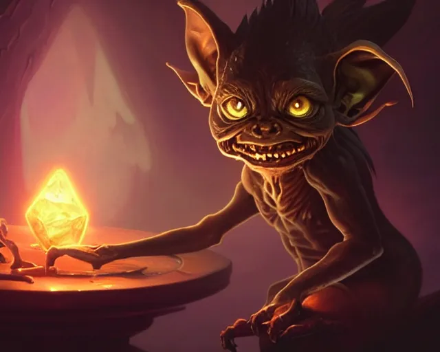 Image similar to a 4 k cinematic screenshot still portrait of a gremlin in a dark liminal space room surrounded by amber glow, deep focus, d & d, fantasy, intricate, elegant, highly detailed, digital painting, art station, concept art, matte, sharp focus, illustration, dark fantasy style art, hearthstone, art by artgerm and greg rutkowski and alphonse mucha