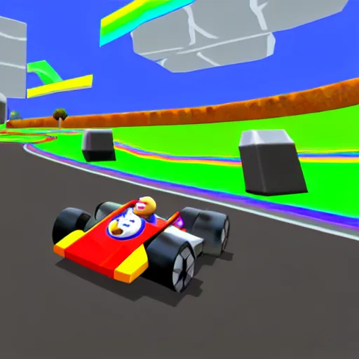 Image similar to thor on rainbow road, mario kart 6 4 screenshot, low poly, aliased