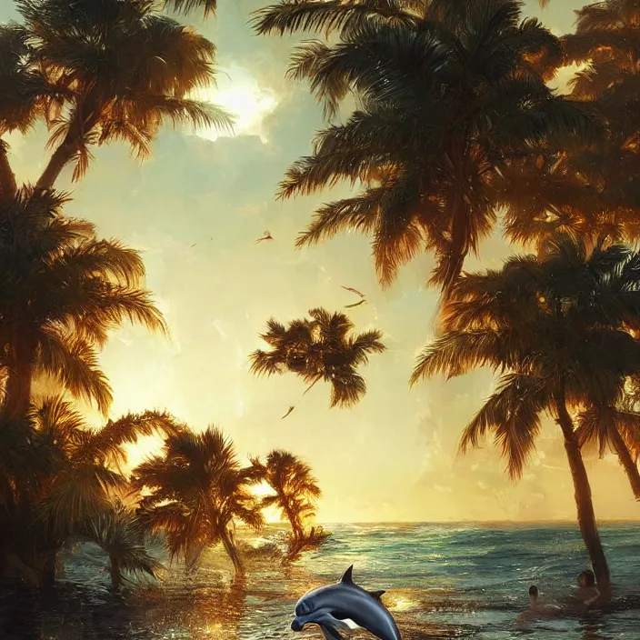 Image similar to dolphins swimming, golden hour, god rays, by greg rutkowski and artgerm and ruan jia and ismail inceoglu and greg olsen, palm trees, cosmos, milky way galaxy, masterpiece, beautiful, intricate, elegant, highly detailed