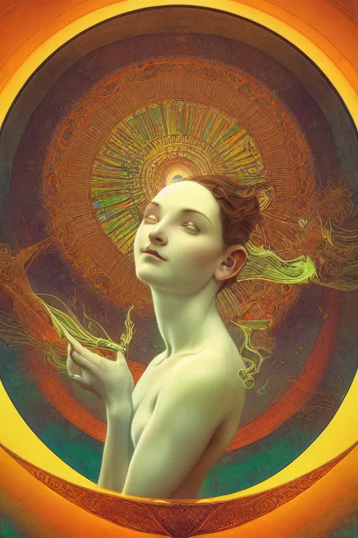 Image similar to the dream within a dream, perfect symmetry, by maxfield parrish, by gustave dore, by peter mohrbacher, by alphonse mucha, sharp focus, vivid color, rainbowshift, octane render, cgi, rule of thirds