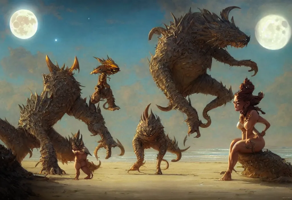 Image similar to cute fantasy critters at the beach looking at the moon, ultra realistic, concept art, highly detailed by greg rutkowski, gaston bussiere, craig mullins, simon bisley