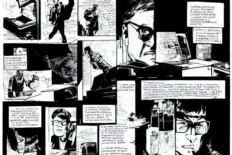 Image similar to bill gates, presenting the microsoft xbox at ces 2 0 0 1, a page from cyberpunk 2 0 2 0, style of paolo parente, style of mike jackson, adam smasher, johnny silverhand, 1 9 9 0 s comic book style, white background, ink drawing, black and white