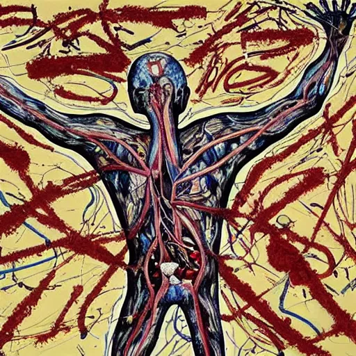 Image similar to cardiac anatomy, real heart, anatomic, painting by jackson pollock