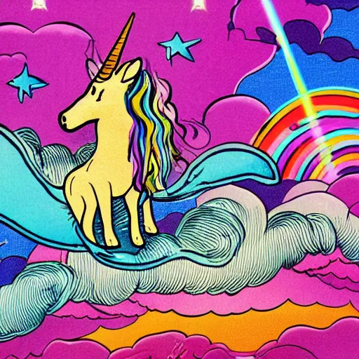 Image similar to old english sheet dog with a unicorn horn and wings flying in the sky with rainbows synthwave line art illustration, 1981, high detail
