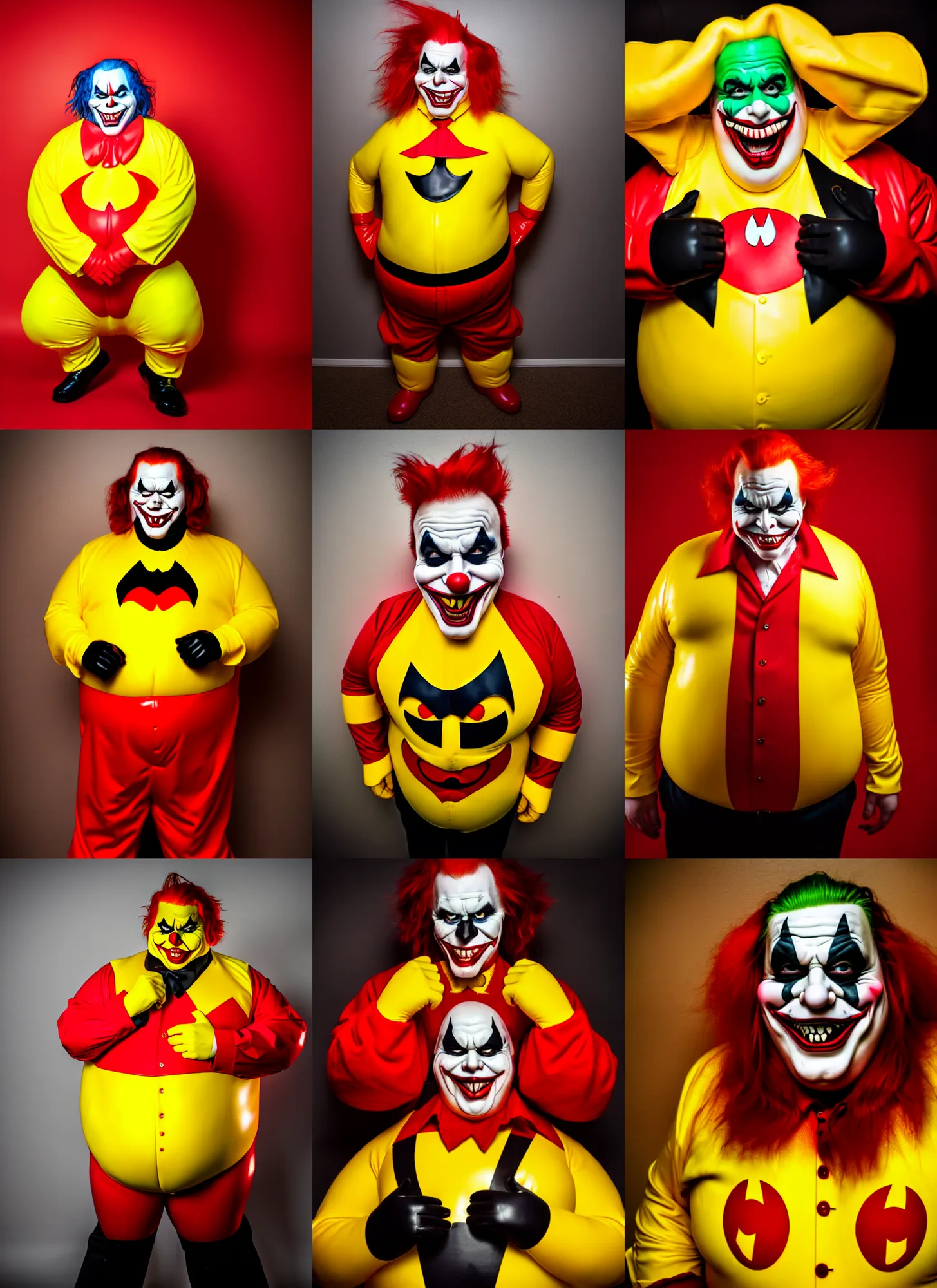 Prompt: wide angle lens portrait photography of a very fat sinister looking joker dressed in yellow and red rubber latex Ronald Macdonalds costume, red hair, a red McD logo on his chest, moody lighting