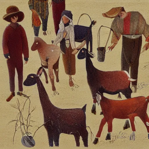 Prompt: people and goats by Hamid Savkuev, close-up, botanical illustration