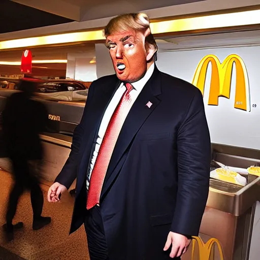 Image similar to a hugely fat version of Donald Trump, carrying a tray of big Macs, trying to squeeze in to a booth at McDonalds. Flash photograph at McDonalds