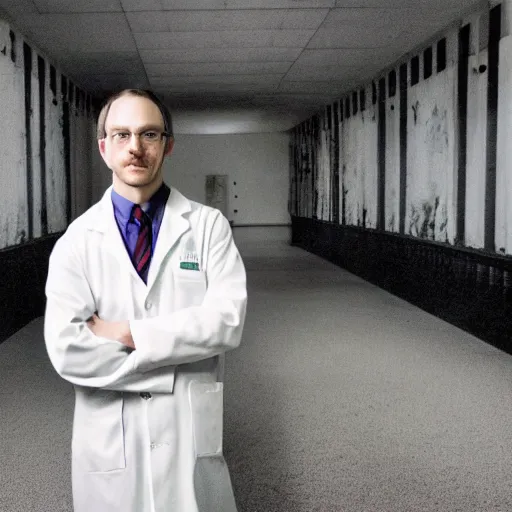 Image similar to flash low quality photograph of a male scientist wearing a lab coat standing lost in the backrooms, mustard - yellow old moldy moist carpet room, empty liminal space, very dark shadows, broken fluorescent lighting, horror movie scene, film grain