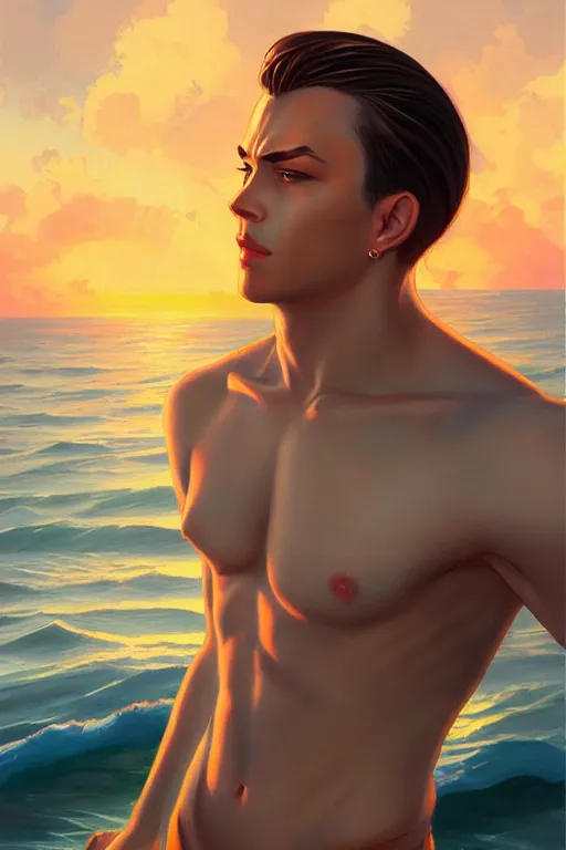 Image similar to attractive man at the sea, sunset, painting by ross tran, j. c. leyendecker, tom of finland, trending on artstation