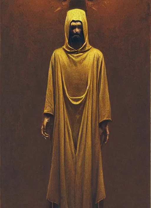 Image similar to portrait of a pagan cultist in fancy robes with a lot of gold by beksinski