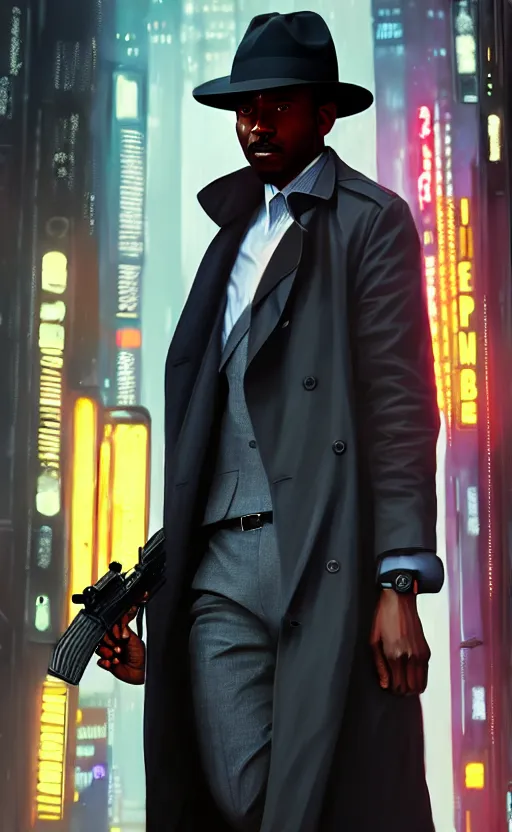 Prompt: hyper - realistic, digital matte painting of an attractive black male detective wearing a fedora, suit and trench coat, holding a blaster, blade runner environment, cinematic lighting, 4 k textures, sharp focus, by greg rutkowski, by ilya kuvshinov, by eric - anthony johnson