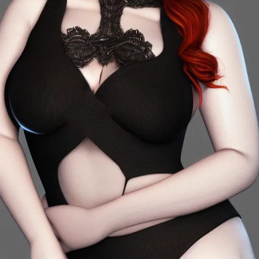 Image similar to 3 d render of christina hendricks in black swimsuit, smooth, intricate, octane, reflects, ultra detailed, sharp focus, symmetry