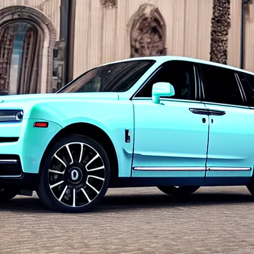 Prompt: Rolls Royce Cullinan, baby blue, black rims, 4k, shot on iPhone