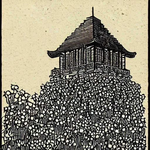 Prompt: Woodblock print of a black tower standing in a field of roses. Highly detailed, 8K, octane rendered, –n 7