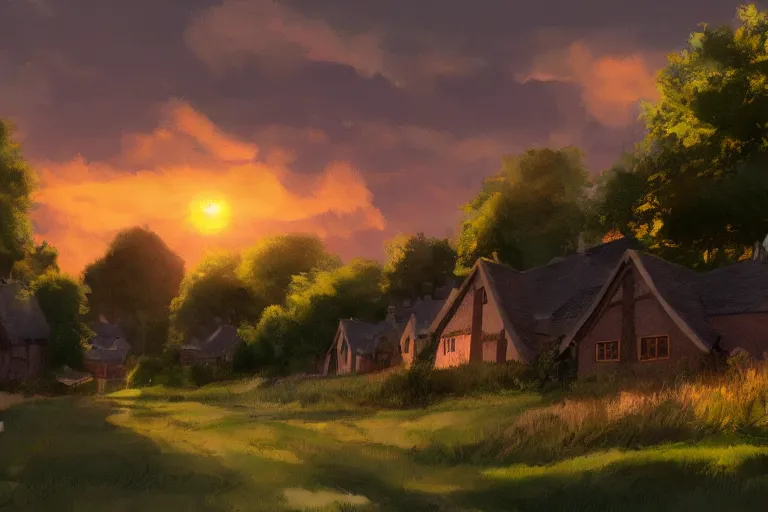 Image similar to sunset over the cottages in the shire, ghibli, artstation, award wining, rutkowski, shinkai