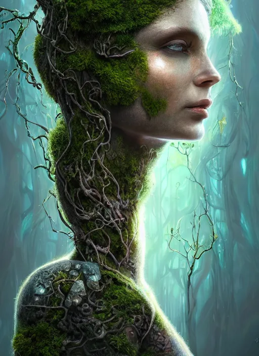 Image similar to Portrait of an Ancient Cyborg with a tree growing out of her head, moss, translucent leaves, extremly detailed digital painting, in the style of Tomasz Alen Kopera and Fenghua Zhong and Peter Mohrbacher, mystical colors, rim light, beautiful lighting, 8k, stunning scene, raytracing, octane, trending on artstation