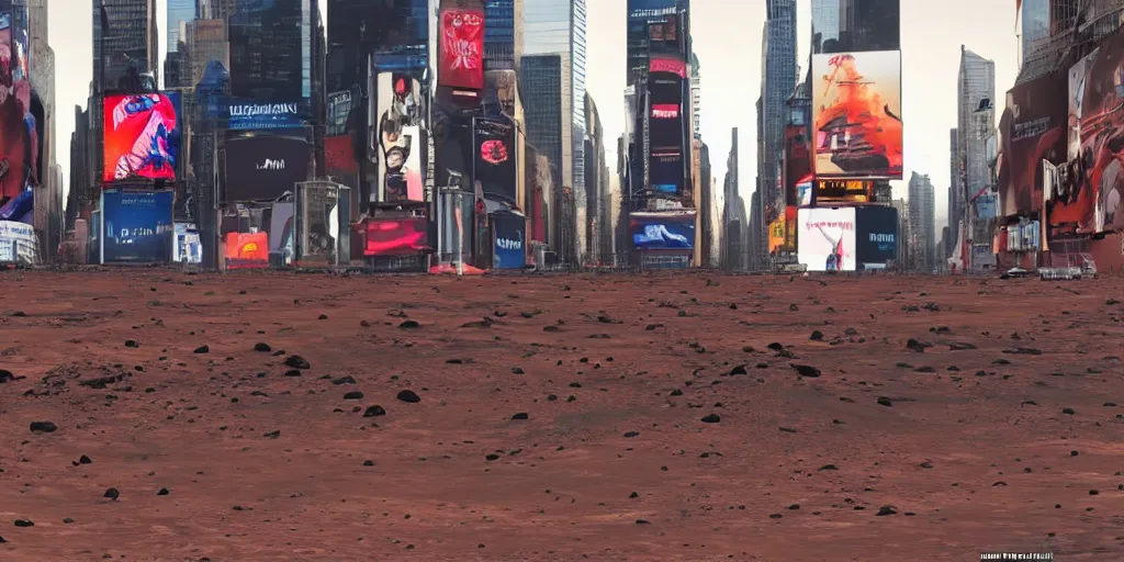 Prompt: footage of the first humans landing on Mars shown in Times Square, ultra realistic 8k photo realistic