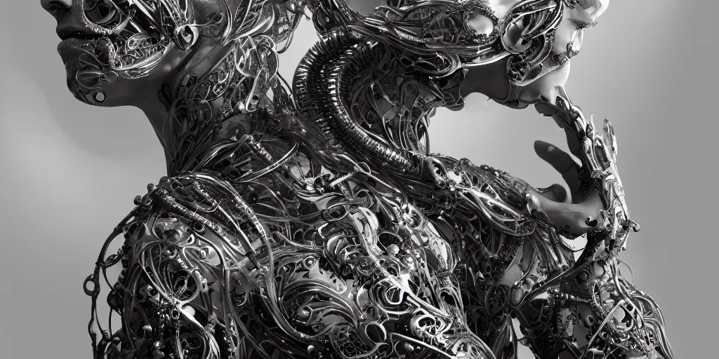 Prompt: hyper realistic photography of a stunningly beautiful cyborg male, intimate, embraced, elbow, intricate filigree, in the style of beth cavener, jin kagetsu, and wlop, highly detailed, chrome face symmetry, masterpiece, award winning, sharp focus, concept art, high key, ambient lighting, 8 k, octane render,