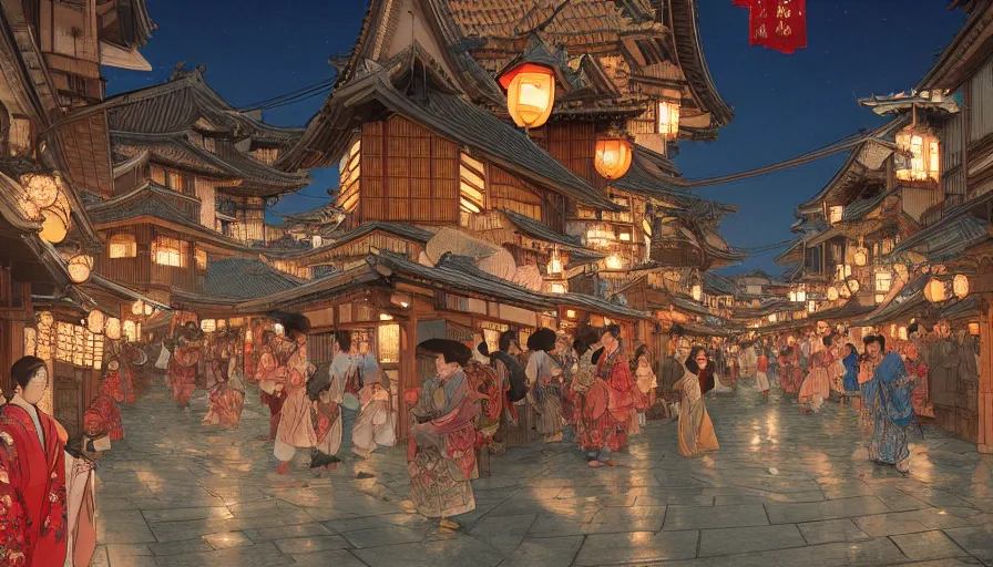 Image similar to edo era city festival near sea at night, beautiful lit lamps, 8 k highly detailed art, intricate, stanley lau, artgerm, artstation, smooth, far shot, wlop, alphonse mucha, cinematic shot, cinematic lighting