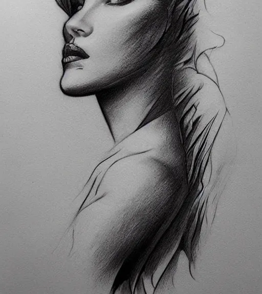 Image similar to tattoo design sketch of an extremely beautiful woman face with a faded background of beautiful mountains on her side, hyper - realistic, in the style of matteo pasqualin, amazing detail, black and white, faded