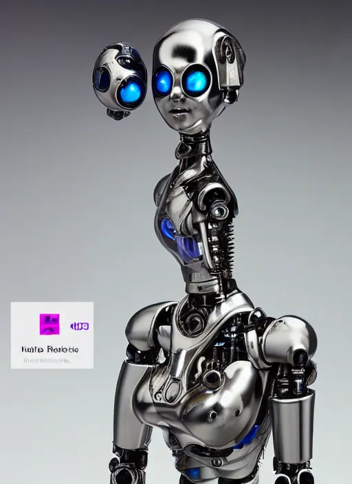 Prompt: 80mm resin detailed miniature of a female bot, Robot, human torso, robot arm, robot leg, beautiful bone structure, symmetrical facial features, Product Introduction Photos, 4K, Full body