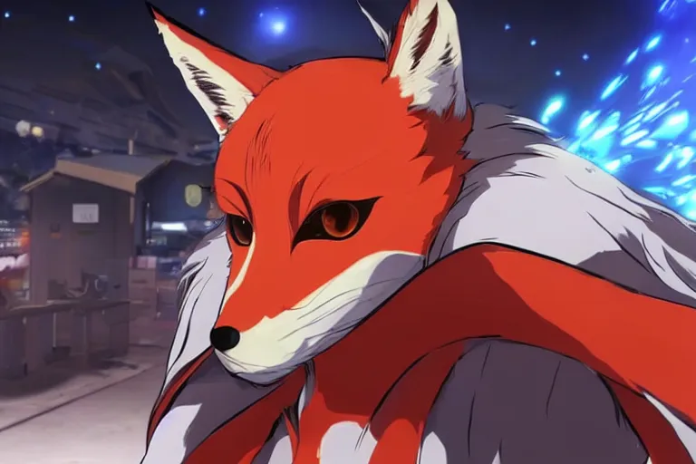 Image similar to a furry tan male fox on a persona 5 : royal ( by atlus ) video game splash screen, a furry male sandcolored tan fox fursona ( has hair ), persona 5 phantom thief style