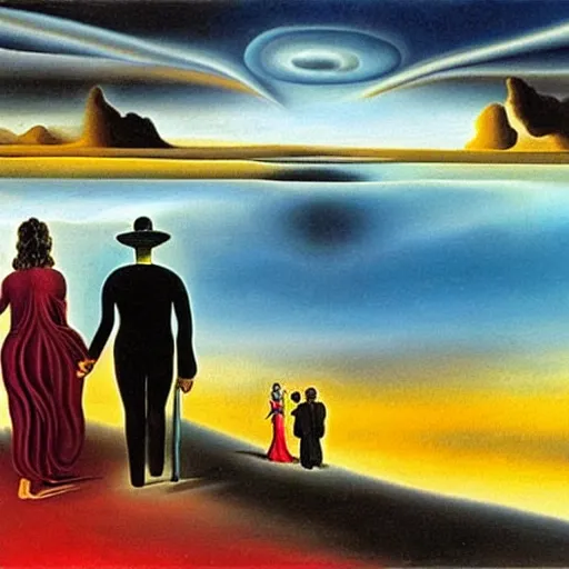 Image similar to couple walking hand in hand, in heaven and hell at the same time, surrealistic painting by salvador dali, detailed