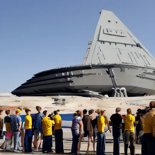 Prompt: army of minions standing outside star destroyer from star wars