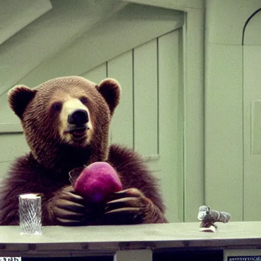 Prompt: A bear holding a beet in Battlestar Galactica