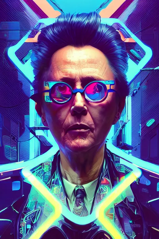 Image similar to a cyberpunk christopher walken with blue hair, neon colors, hyper detailed, digital art, cinematic lighting, concept art by artgerm and greg rutkowski and caravaggio and moebius and jakub rebelka