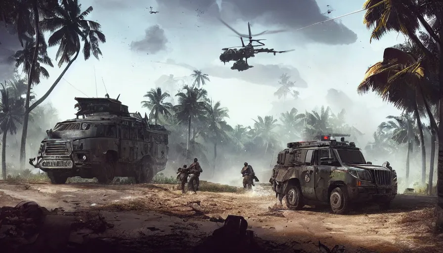 Prompt: a militarized police vehicle riding through a kerala village, troops searching the area, furious action scene, an epic fantasy, dramatic lighting, cinematic, establishing shot, extremely high detail, photorealistic, cinematic lighting, tending on artstation, matte painting, octane render, by simon stalenhag, shadow of the tomb raider, aesthetic