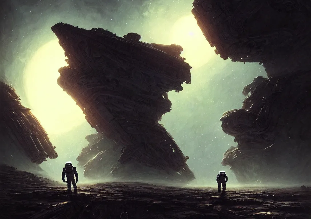 Image similar to ( ( astronaut exploring a strange surface of another planet at dusk ) ), ( ( ruins of ancient civilization ) ), ultra high definition, ultra detailed, symmetry, sci - fi, dark fantasy, in style of heavy metal comic, dark and horror style, metal by greg rutkowski and ross tran
