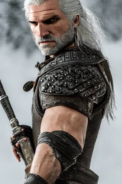 Image similar to upper body portrait of geralt of rivia, 5 5 mm lens, professional photograph, serious, stern look