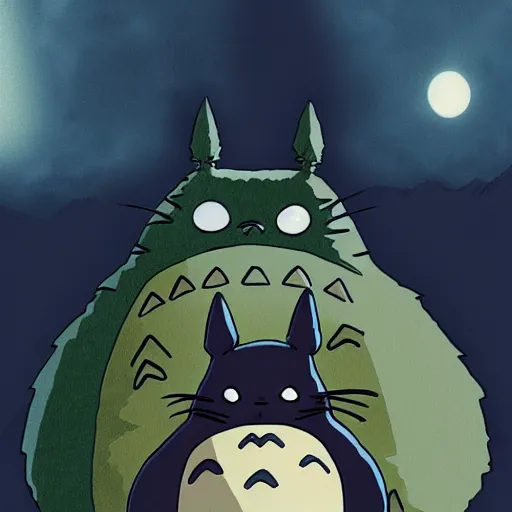 Prompt: Totoro and his new friend, the Batman, studio ghibli style, high detail