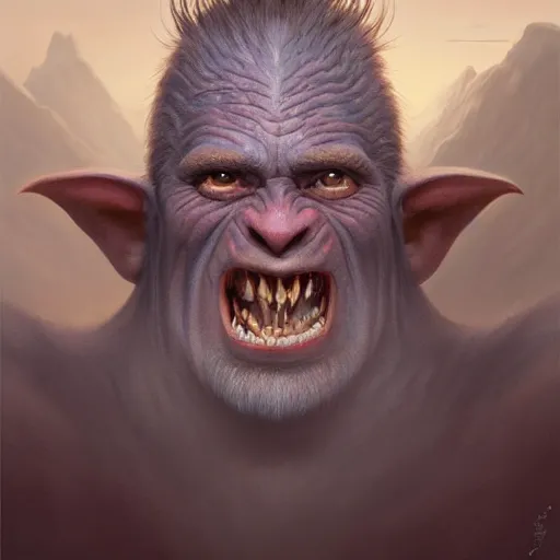 Image similar to Beautiful hyperrealistic detailed matte portrait painting of a grey goblin with wide head and a triangular upwards pointing nose, by andreas rocha and john howe, and Martin Johnson Heade, featured on artstation, featured on behance, golden ratio, f32, well composed, cohesive