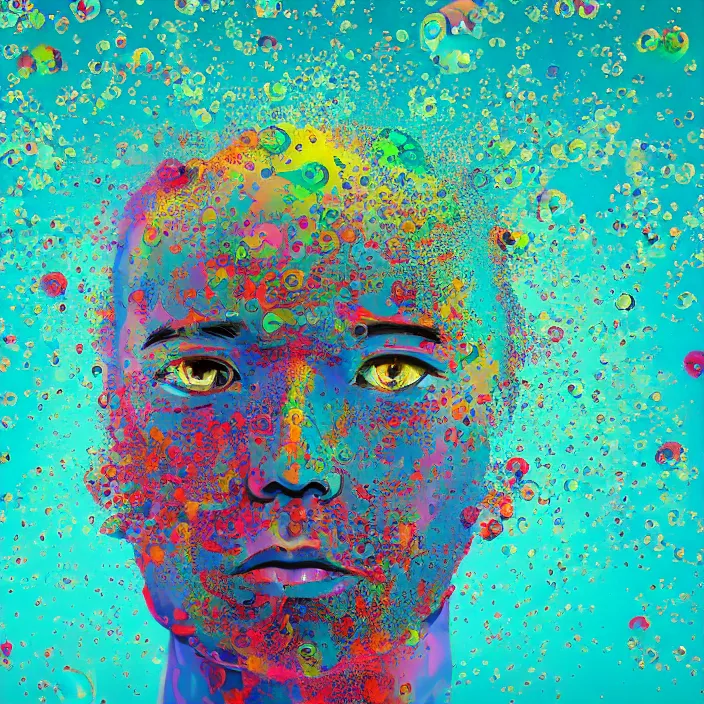 Image similar to illustration of a colorful melting human head of asian boy. acrylic bubbles and flowers, ferrofluids, water distortions. intricate abstract. intricate artwork. colortheme by beeple