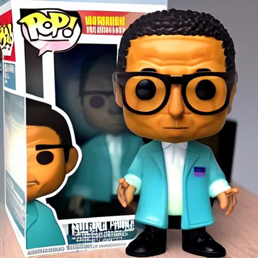 Prompt: funko pop gustavo fring with half of his face gone. toy design