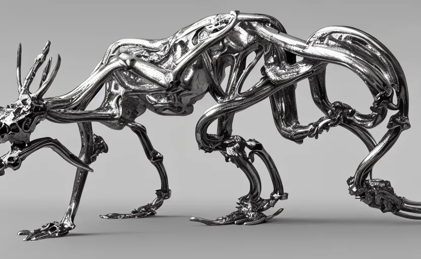 Image similar to stylized shiny polished silver statue full body extra limbs bizarre cosmic horror quadruped animal deer skull four legs made of marble of slug creature tendrils, perfect symmetrical body, perfect symmetrical face, hyper realistic, hyper detailed, by johannen voss, by michelangelo, octane render, blender, 8 k, displayed in pure white studio room