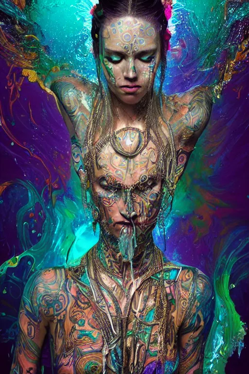 Prompt: a centered render of an mytical festival hippy with tribal tattoos wearing intricate metallic clothing surrounded by a underwater ink pour and flowing liquid gallium and sacred geometry, perfect body and face, gorgeous, cinematic, beautifully lit, by alberto seveso, by zack snyder, by donato giancola, 3 d, trending on artstation, octane render, 8 k