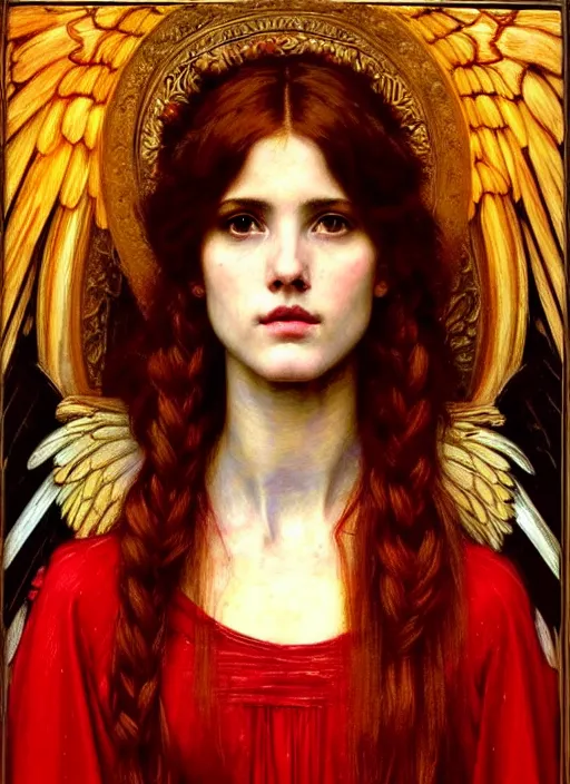 Image similar to portrait of beautiful female archangel in red robes, preraphaelite painting by john william waterhouse, trending on art station. highly detailed, symmetrical face.