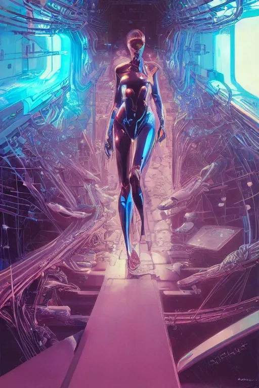 Prompt: the most amazing dream you ever had about beautiful woman transhumanism artificial intelligence singularity, hyper realistic, concept art, intricate, hyper detailed, smooth, syd mead, jim lee, high contrast, neon, volumetric lighting, octane, raytrace, moebius, snowcrash