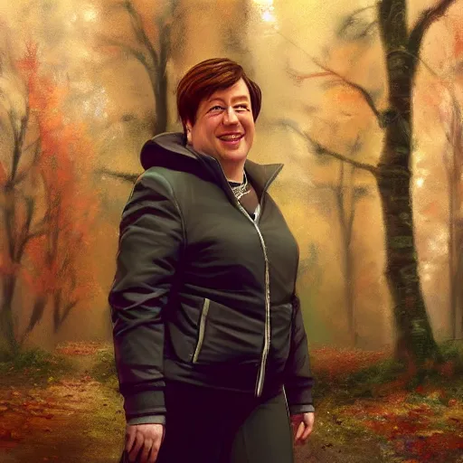 Image similar to close - up shot of supreme court justice elena kagan going for a walk in the woods, digital art by ruan jia and mandy jurgens and artgerm, highly detailed, trending on artstation, award winning