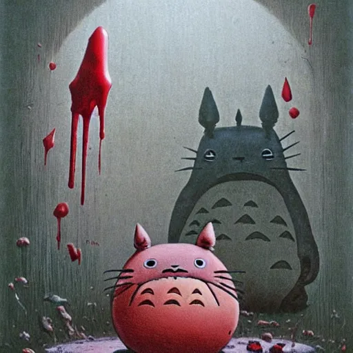 Prompt: Creepy Totoro full of blood, eating, Studio Ghiblo, Zdzisław Beksiński