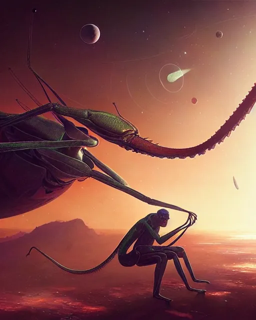 Image similar to a giant praying mantis in space eats planet, photo realistic, epic composition, epic light, high details by greg rutkowski and mark marc simonetti