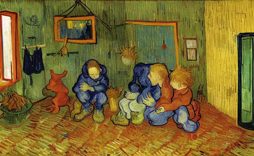 Image similar to crono, marle and frog chilling in comfy house with moody rain outside, painted by van gogh