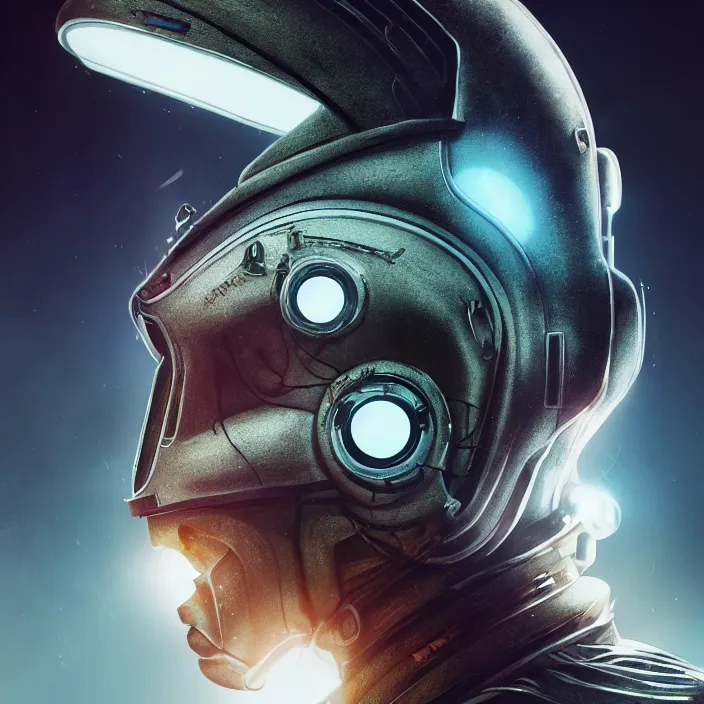 Image similar to portrait art of 8k ultra realistic retro futuristic astronaut helmet, lens flare, atmosphere, glow, detailed,intricate,blade runner, cybernetic, full of colour, cinematic lighting, trending on artstation, 4k, hyperrealistic, focused, extreme details,unreal engine 5, cinematic, masterpiece, art by ayami kojima, giger