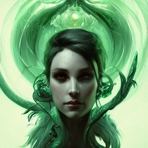 Image similar to portrait of a evil necromancer with green glowing eyes, D&D, fantasy, intricate, elegant, highly detailed, digital painting, artstation, concept art, smooth, sharp focus, illustration, art by artgerm and greg rutkowski and alphonse mucha