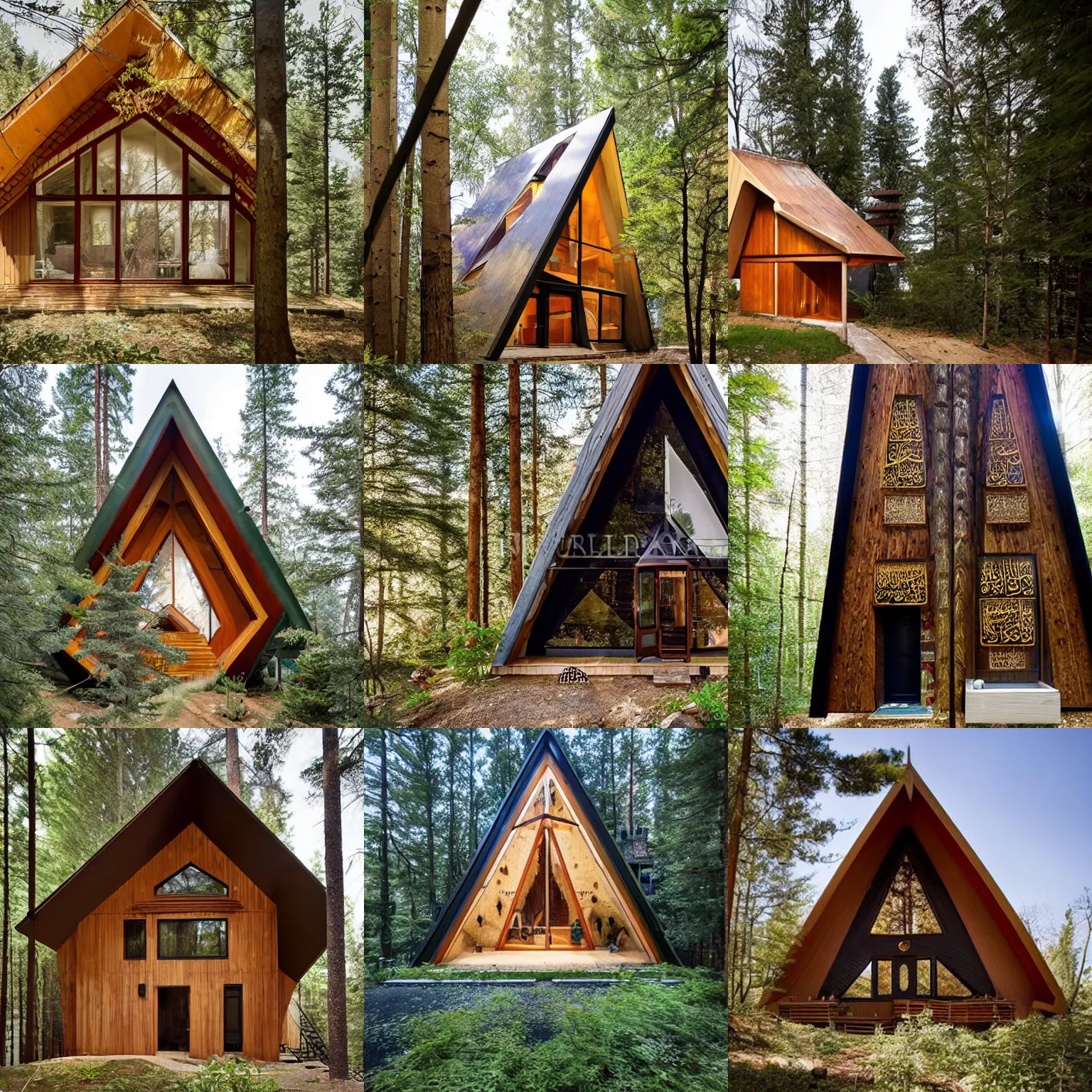 Prompt: an a-frame house in the woods with ornate arabic calligraphy on all its exterior surfaces