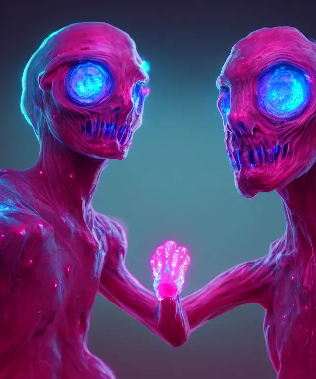 Image similar to twin creatures made of bioluminescence slimy skin, fantasy, elegant, crisp 8 k line art, digital painting, artstation, unreal engine, octane render, emissive lighting, concept art, matte, sharp focus, hyper realistic lighting, illustration, deep royal blue and pink color scheme, art by dave kendall